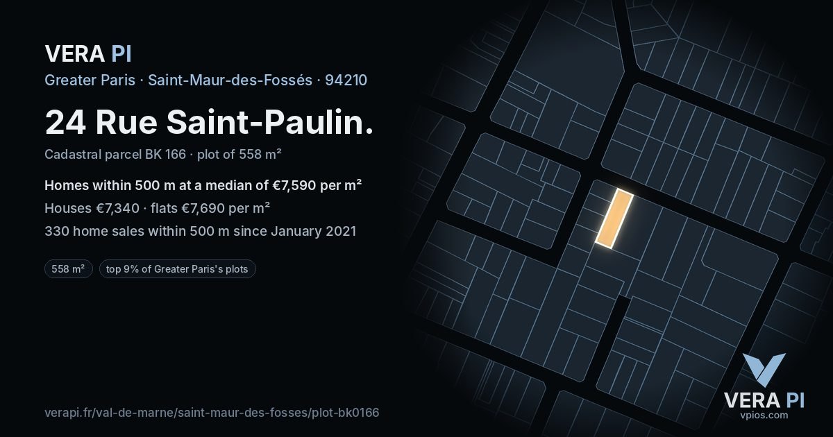 24 Rue Saint-Paulin, Saint-Maur-des-Fossés at night – the plot lit, the parcels around coloured by the prices near them