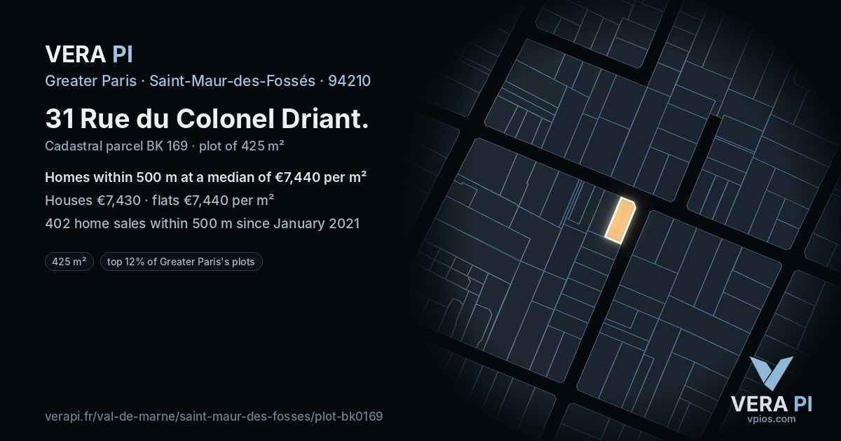 31 Rue du Colonel Driant, Saint-Maur-des-Fossés at night – the plot lit, the parcels around coloured by the prices near them