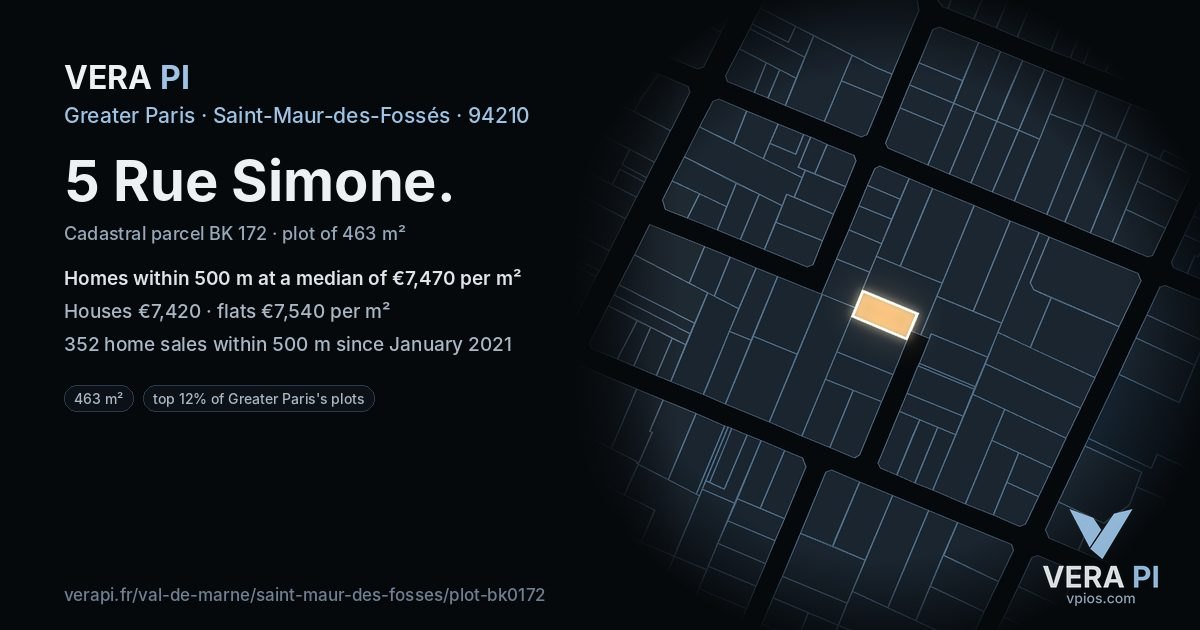 5 Rue Simone, Saint-Maur-des-Fossés at night – the plot lit, the parcels around coloured by the prices near them
