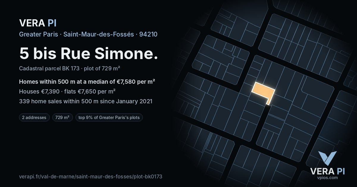 5 bis Rue Simone, Saint-Maur-des-Fossés at night – the plot lit, the parcels around coloured by the prices near them