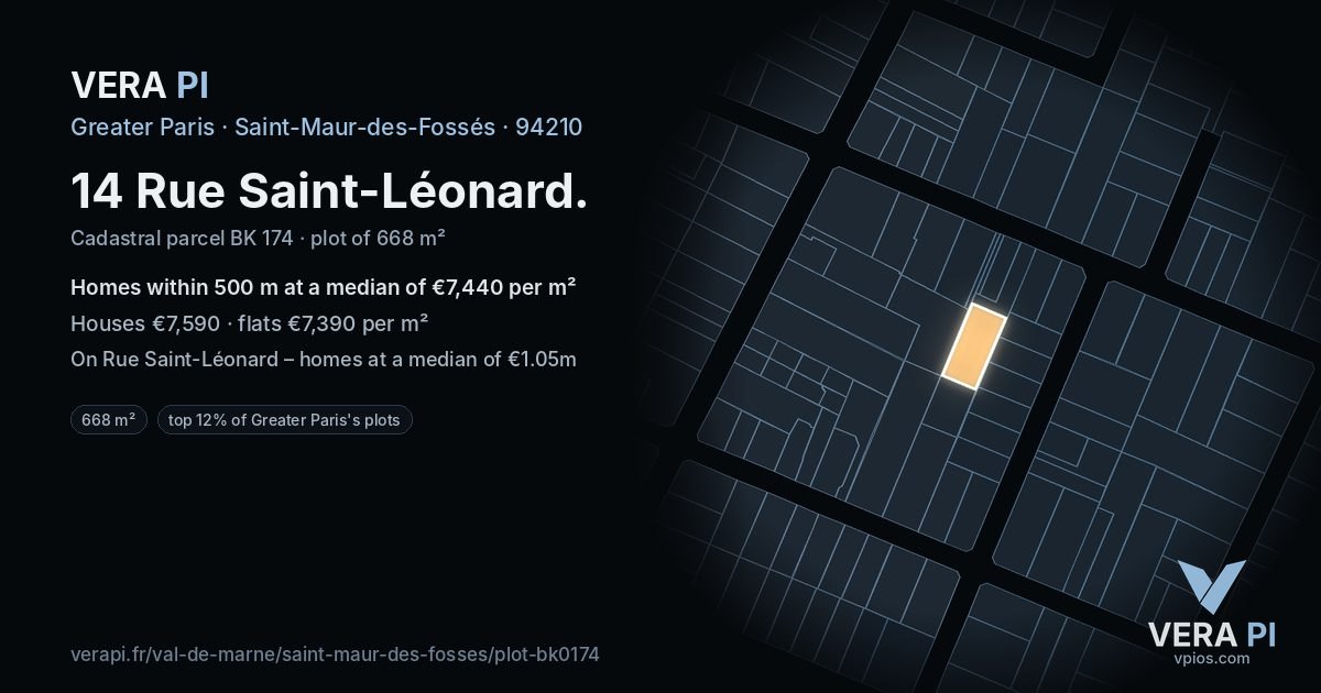 14 Rue Saint-Léonard, Saint-Maur-des-Fossés at night – the plot lit, the parcels around coloured by the prices near them