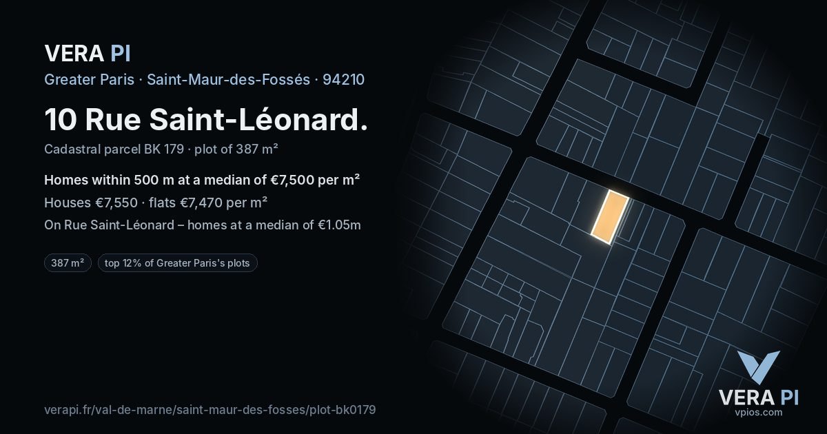 10 Rue Saint-Léonard, Saint-Maur-des-Fossés at night – the plot lit, the parcels around coloured by the prices near them
