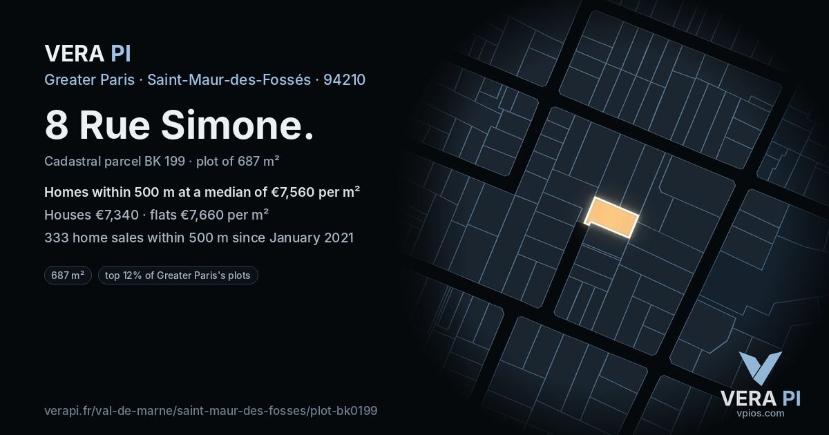 8 Rue Simone, Saint-Maur-des-Fossés at night – the plot lit, the parcels around coloured by the prices near them