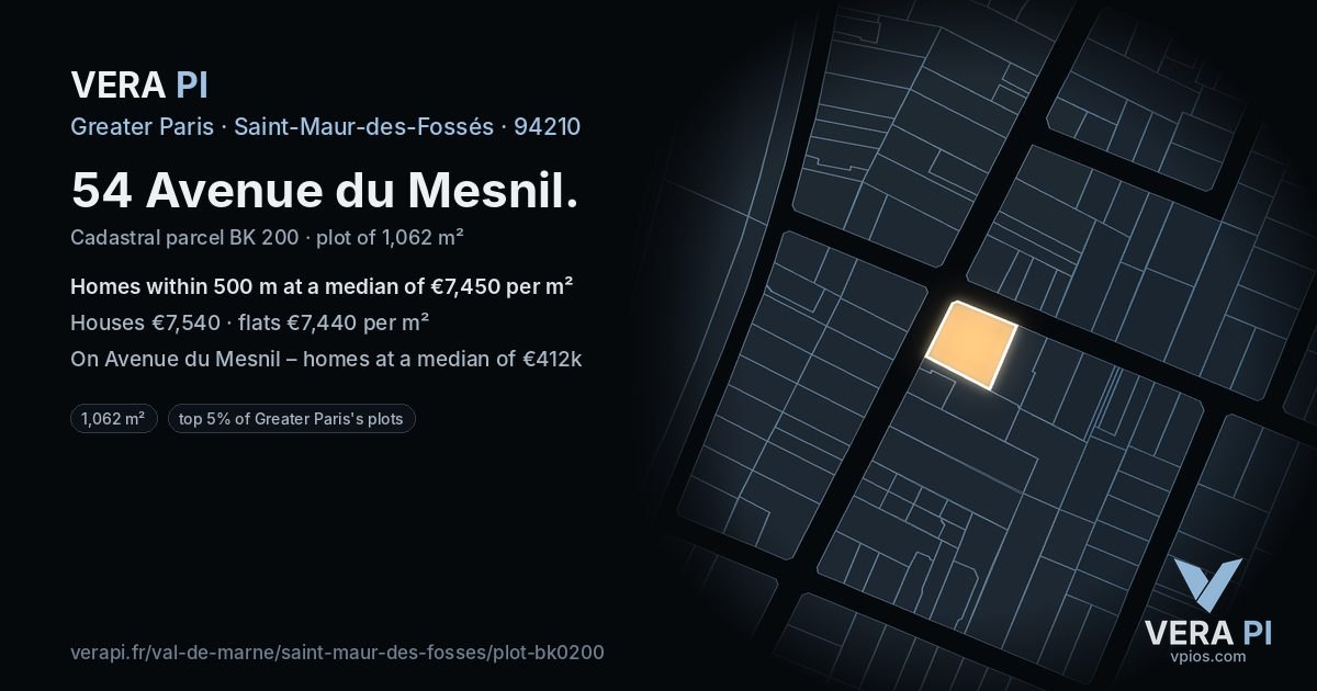 54 Avenue du Mesnil, Saint-Maur-des-Fossés at night – the plot lit, the parcels around coloured by the prices near them