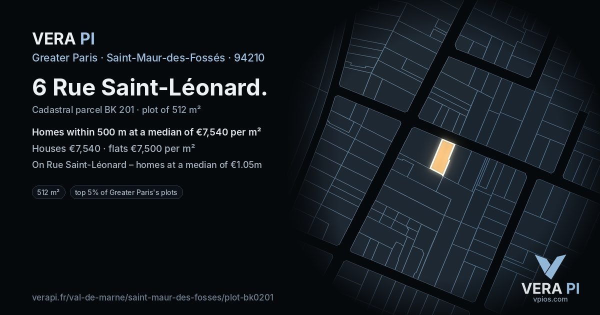 6 Rue Saint-Léonard, Saint-Maur-des-Fossés at night – the plot lit, the parcels around coloured by the prices near them