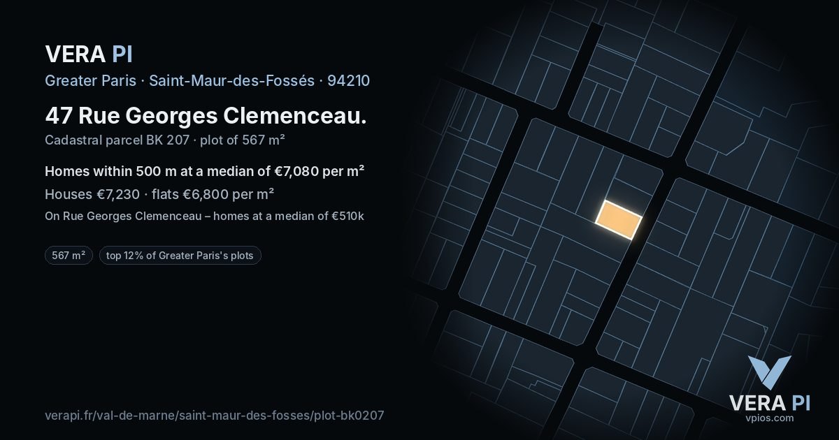 47 Rue Georges Clemenceau, Saint-Maur-des-Fossés at night – the plot lit, the parcels around coloured by the prices near them