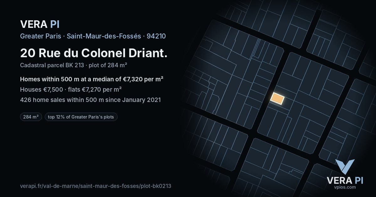 20 Rue du Colonel Driant, Saint-Maur-des-Fossés at night – the plot lit, the parcels around coloured by the prices near them