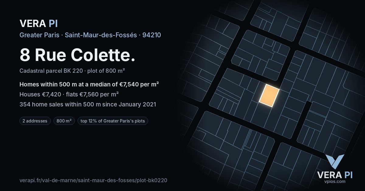 8 Rue Colette, Saint-Maur-des-Fossés at night – the plot lit, the parcels around coloured by the prices near them