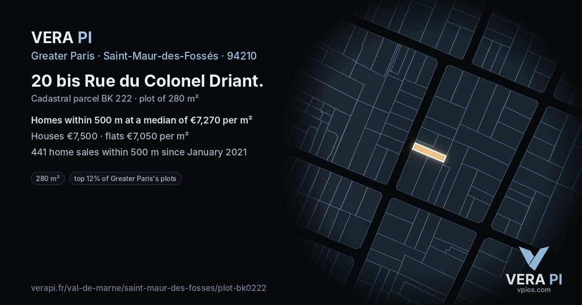20 bis Rue du Colonel Driant, Saint-Maur-des-Fossés at night – the plot lit, the parcels around coloured by the prices near them