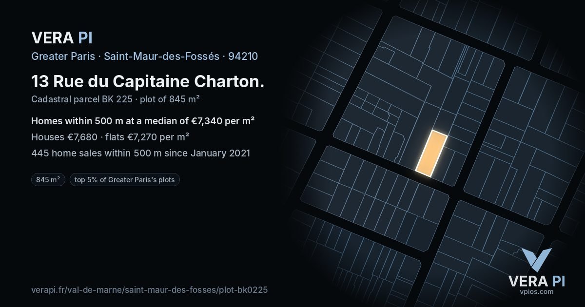 13 Rue du Capitaine Charton, Saint-Maur-des-Fossés at night – the plot lit, the parcels around coloured by the prices near them