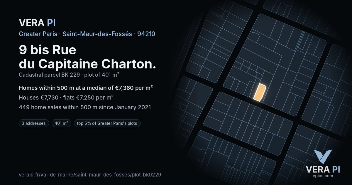 9 bis Rue du Capitaine Charton, Saint-Maur-des-Fossés at night – the plot lit, the parcels around coloured by the prices near them