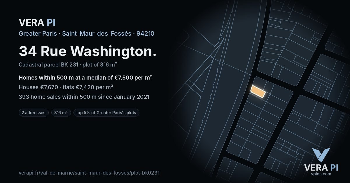 34 Rue Washington, Saint-Maur-des-Fossés at night – the plot lit, the parcels around coloured by the prices near them