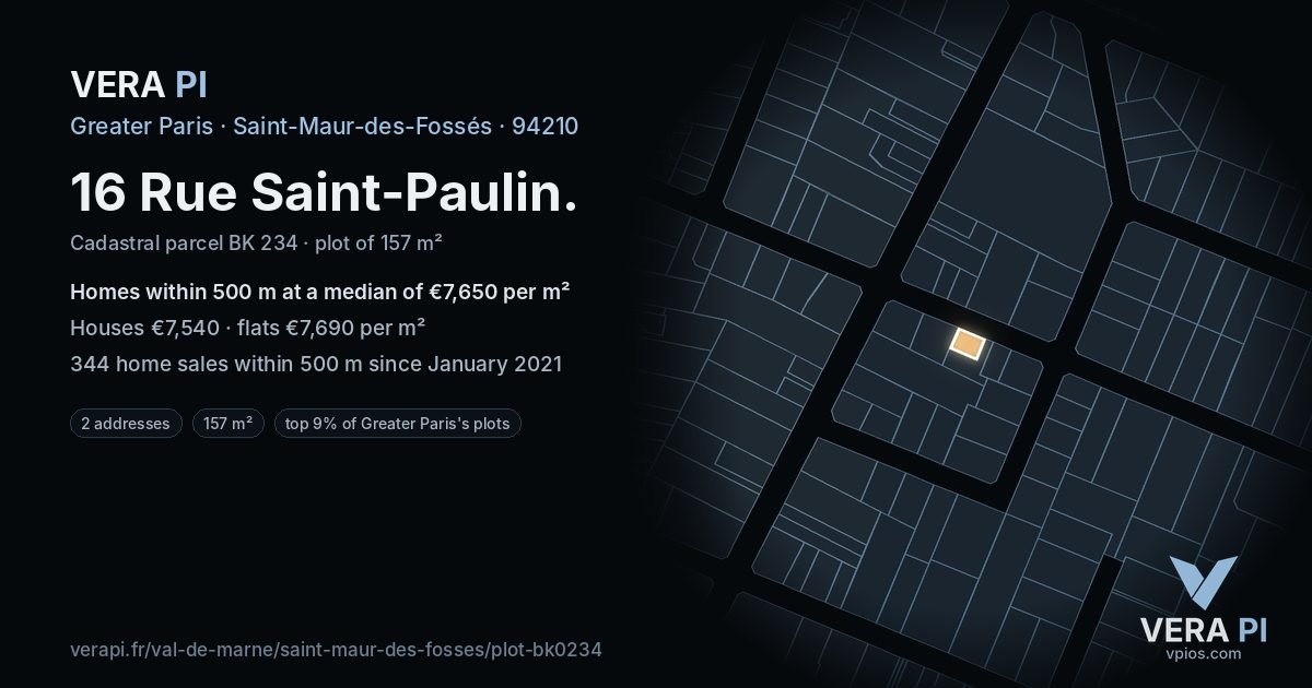16 Rue Saint-Paulin, Saint-Maur-des-Fossés at night – the plot lit, the parcels around coloured by the prices near them