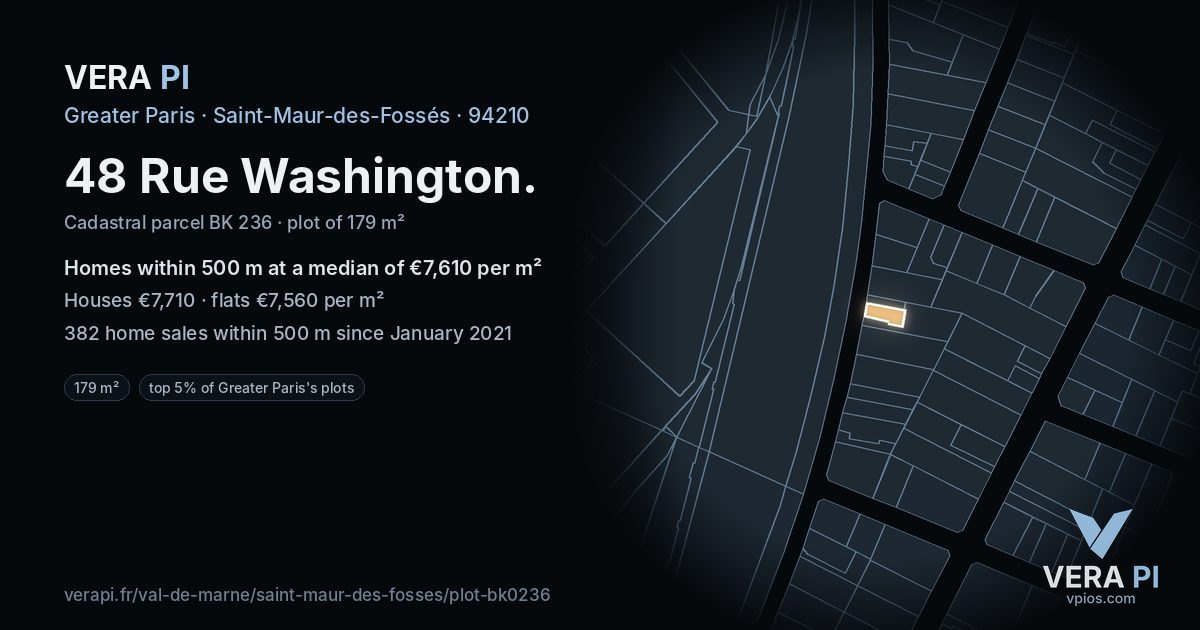 48 Rue Washington, Saint-Maur-des-Fossés at night – the plot lit, the parcels around coloured by the prices near them