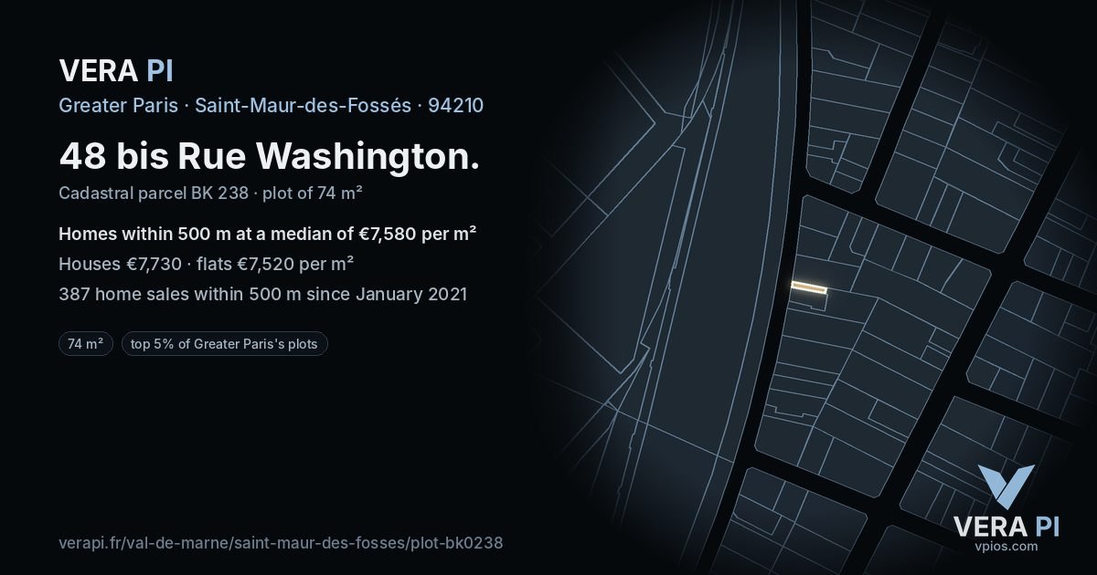 48 bis Rue Washington, Saint-Maur-des-Fossés at night – the plot lit, the parcels around coloured by the prices near them