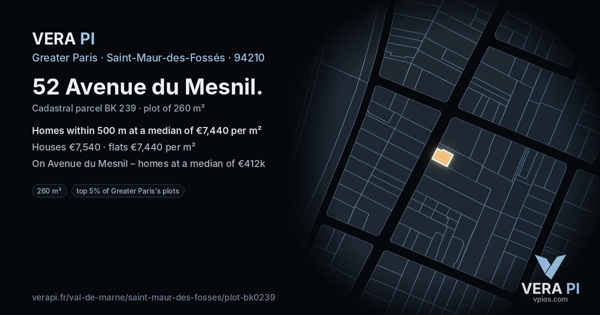 52 Avenue du Mesnil, Saint-Maur-des-Fossés at night – the plot lit, the parcels around coloured by the prices near them