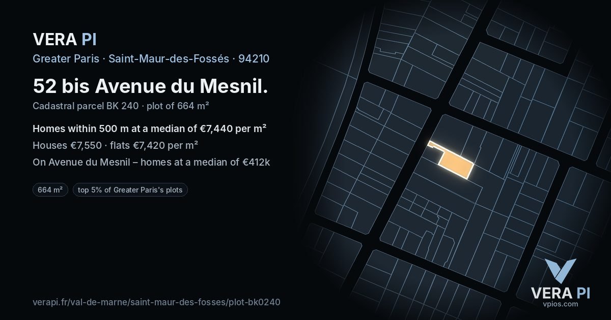 52 bis Avenue du Mesnil, Saint-Maur-des-Fossés at night – the plot lit, the parcels around coloured by the prices near them