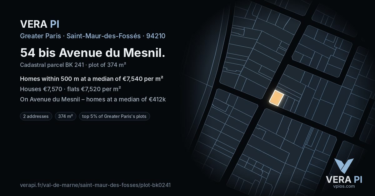 54 bis Avenue du Mesnil, Saint-Maur-des-Fossés at night – the plot lit, the parcels around coloured by the prices near them