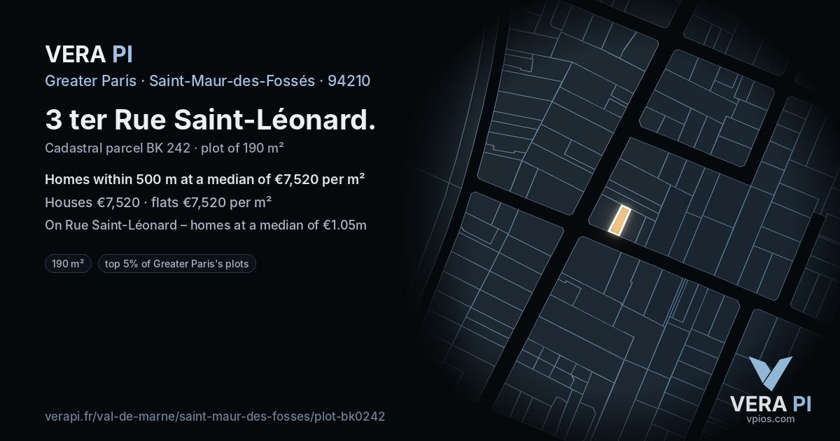 3 ter Rue Saint-Léonard, Saint-Maur-des-Fossés at night – the plot lit, the parcels around coloured by the prices near them