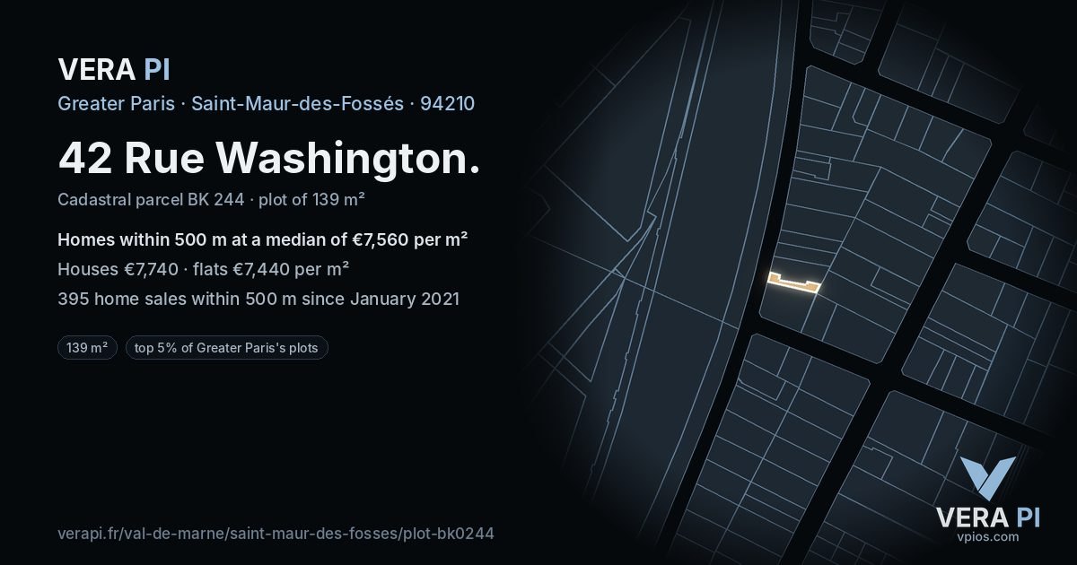 42 Rue Washington, Saint-Maur-des-Fossés at night – the plot lit, the parcels around coloured by the prices near them