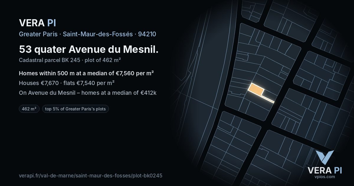 53 quater Avenue du Mesnil, Saint-Maur-des-Fossés at night – the plot lit, the parcels around coloured by the prices near them
