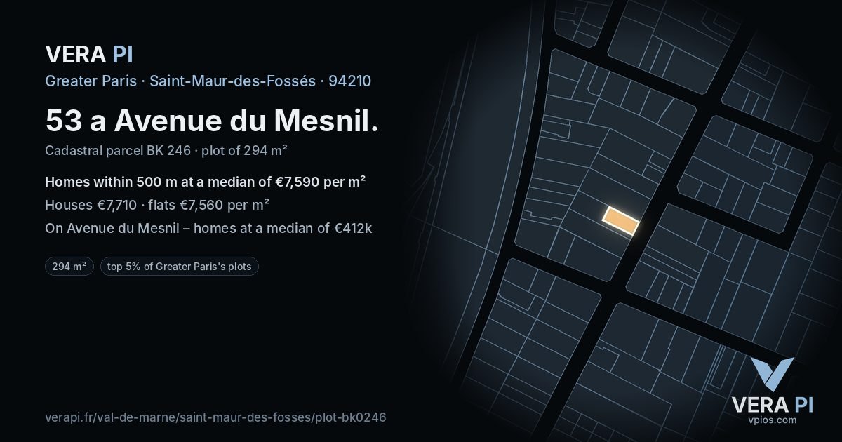 53 a Avenue du Mesnil, Saint-Maur-des-Fossés at night – the plot lit, the parcels around coloured by the prices near them