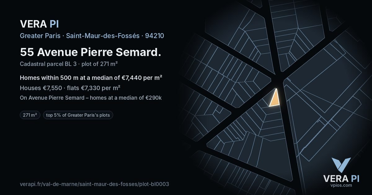 55 Avenue Pierre Semard, Saint-Maur-des-Fossés at night – the plot lit, the parcels around coloured by the prices near them