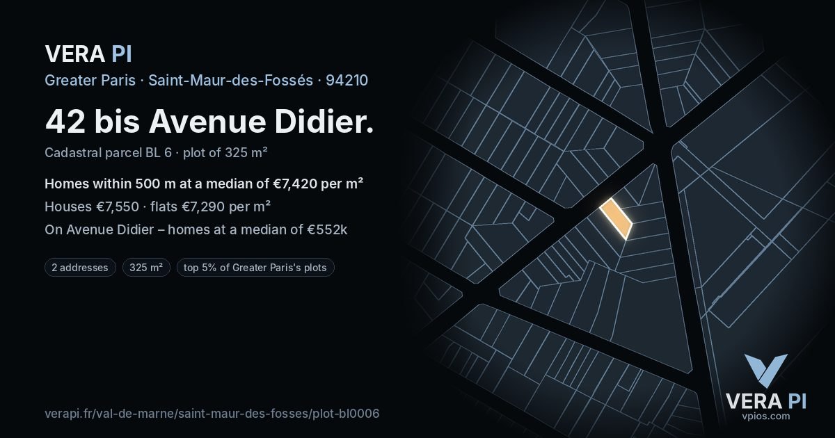 42 bis Avenue Didier, Saint-Maur-des-Fossés at night – the plot lit, the parcels around coloured by the prices near them