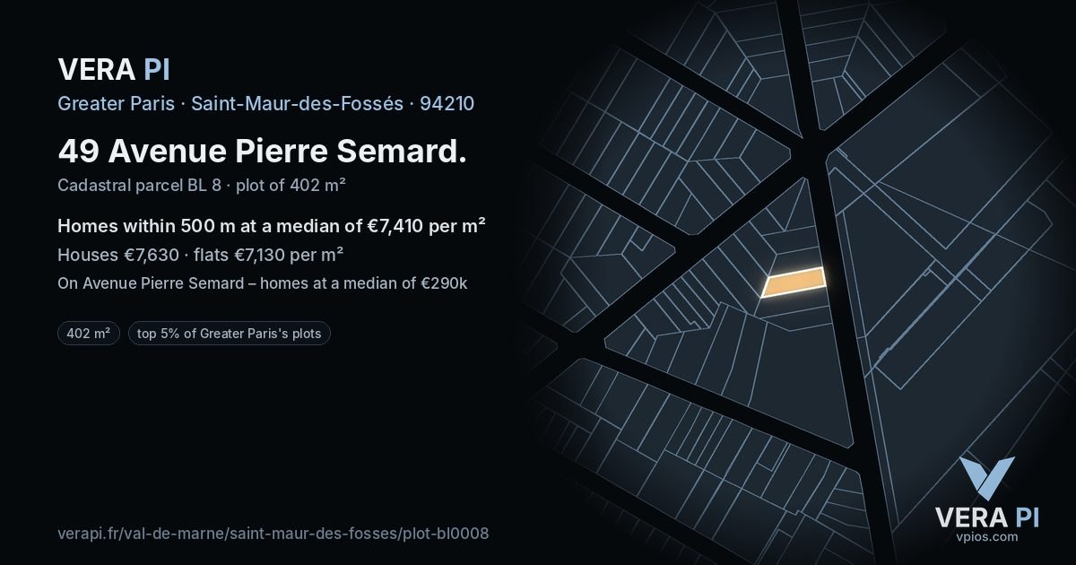 49 Avenue Pierre Semard, Saint-Maur-des-Fossés at night – the plot lit, the parcels around coloured by the prices near them