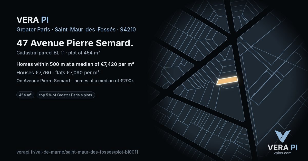 47 Avenue Pierre Semard, Saint-Maur-des-Fossés at night – the plot lit, the parcels around coloured by the prices near them
