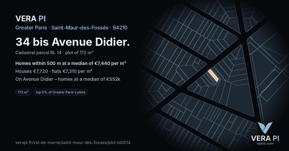 34 bis Avenue Didier, Saint-Maur-des-Fossés at night – the plot lit, the parcels around coloured by the prices near them