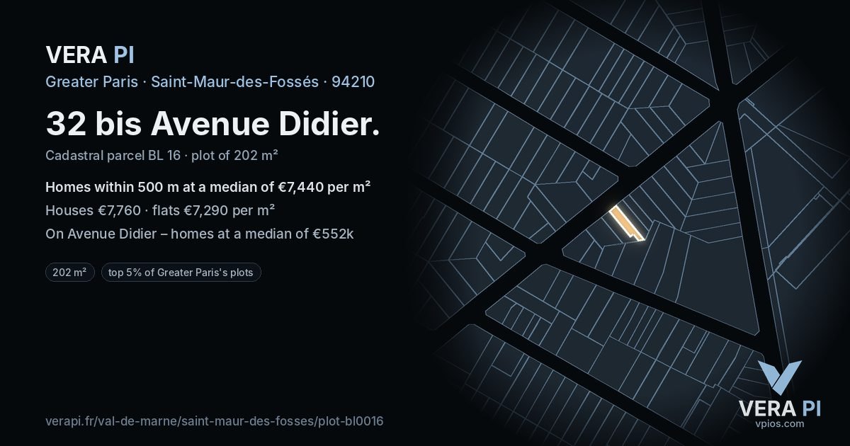 32 bis Avenue Didier, Saint-Maur-des-Fossés at night – the plot lit, the parcels around coloured by the prices near them