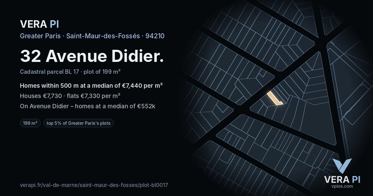 32 Avenue Didier, Saint-Maur-des-Fossés at night – the plot lit, the parcels around coloured by the prices near them