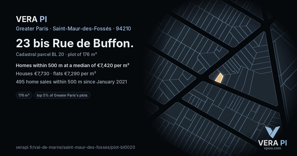 23 bis Rue de Buffon, Saint-Maur-des-Fossés at night – the plot lit, the parcels around coloured by the prices near them