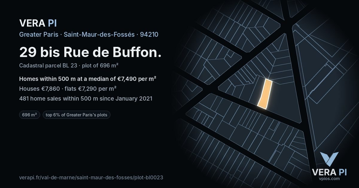 29 bis Rue de Buffon, Saint-Maur-des-Fossés at night – the plot lit, the parcels around coloured by the prices near them
