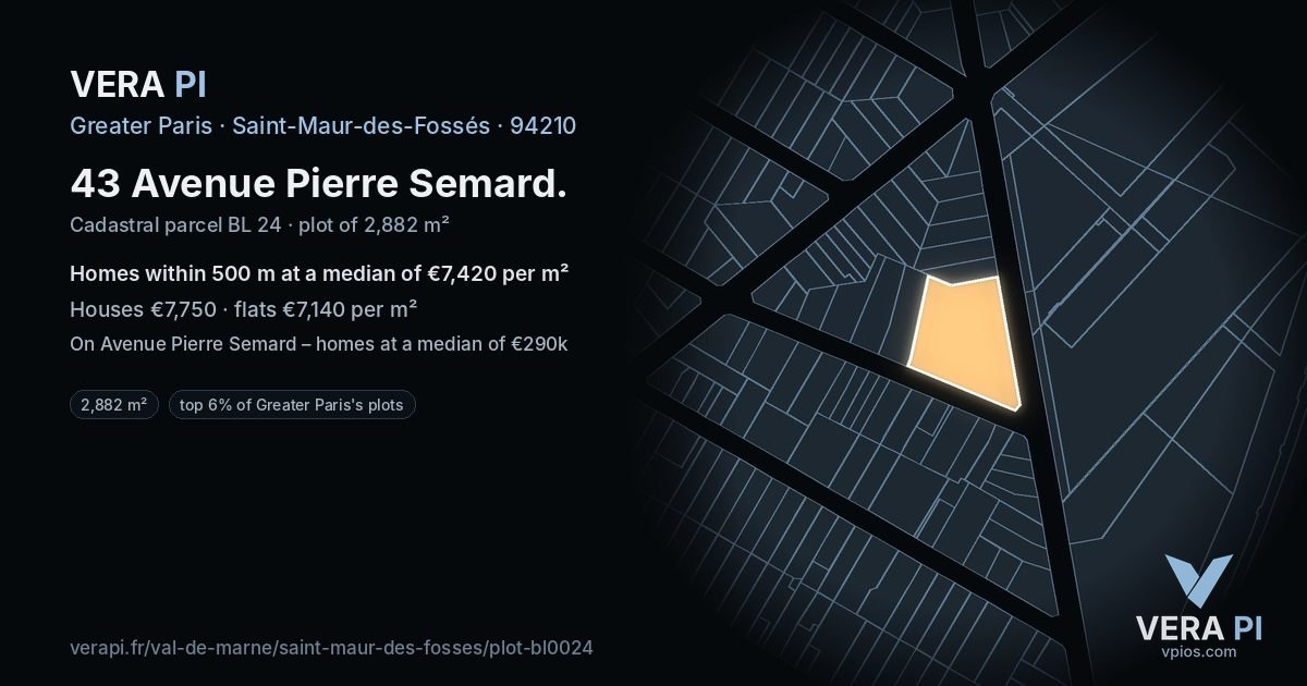 43 Avenue Pierre Semard, Saint-Maur-des-Fossés at night – the plot lit, the parcels around coloured by the prices near them