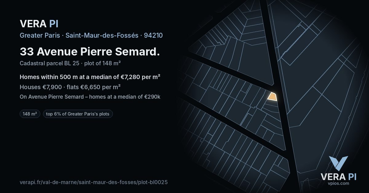 33 Avenue Pierre Semard, Saint-Maur-des-Fossés at night – the plot lit, the parcels around coloured by the prices near them