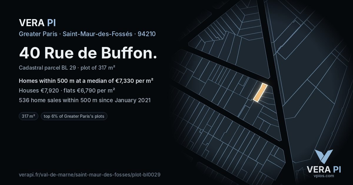 40 Rue de Buffon, Saint-Maur-des-Fossés at night – the plot lit, the parcels around coloured by the prices near them