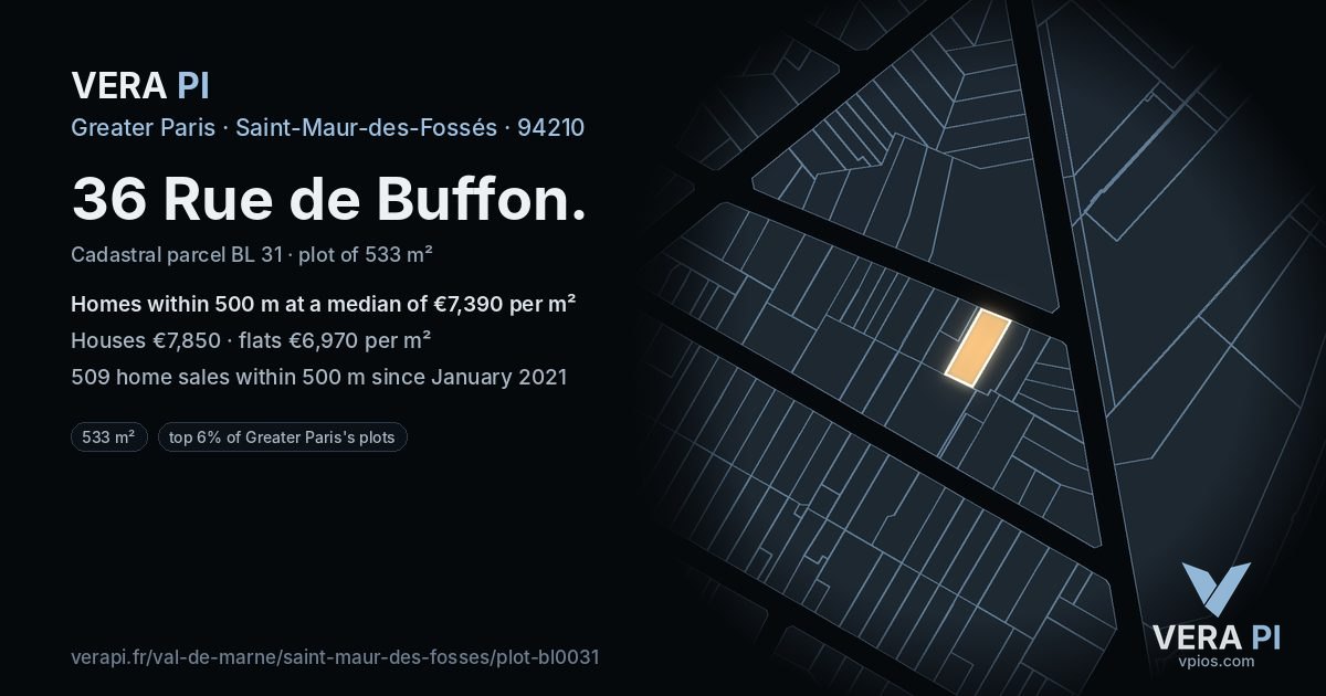 36 Rue de Buffon, Saint-Maur-des-Fossés at night – the plot lit, the parcels around coloured by the prices near them