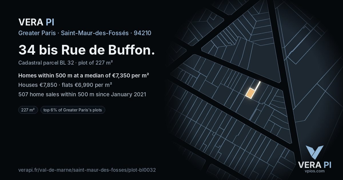 34 bis Rue de Buffon, Saint-Maur-des-Fossés at night – the plot lit, the parcels around coloured by the prices near them