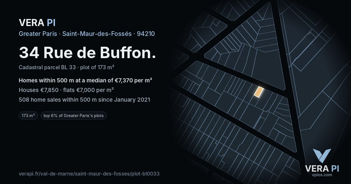 34 Rue de Buffon, Saint-Maur-des-Fossés at night – the plot lit, the parcels around coloured by the prices near them