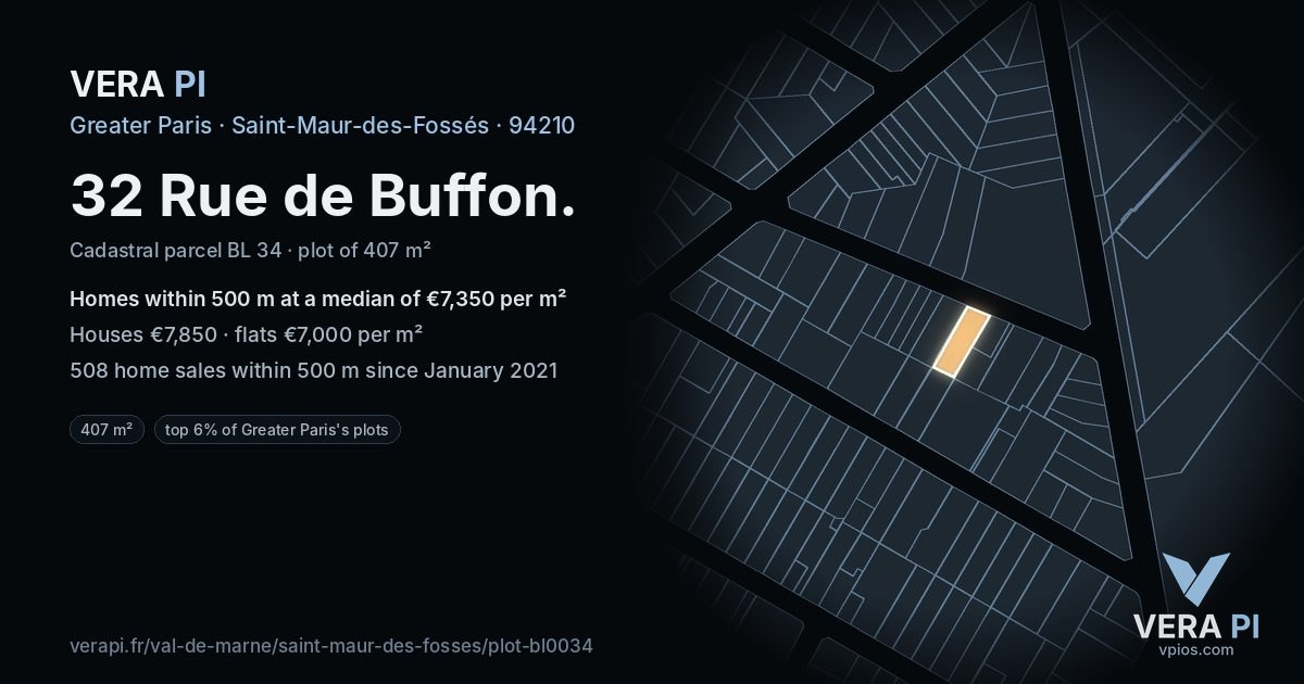 32 Rue de Buffon, Saint-Maur-des-Fossés at night – the plot lit, the parcels around coloured by the prices near them