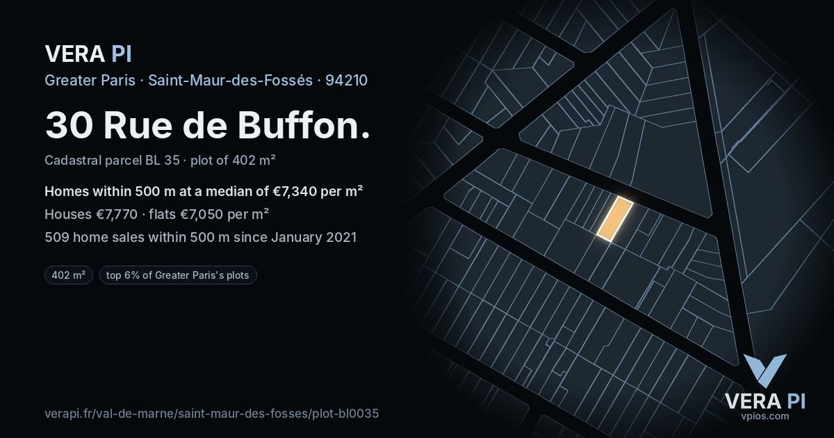 30 Rue de Buffon, Saint-Maur-des-Fossés at night – the plot lit, the parcels around coloured by the prices near them