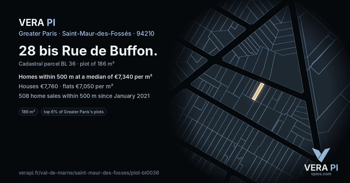 28 bis Rue de Buffon, Saint-Maur-des-Fossés at night – the plot lit, the parcels around coloured by the prices near them