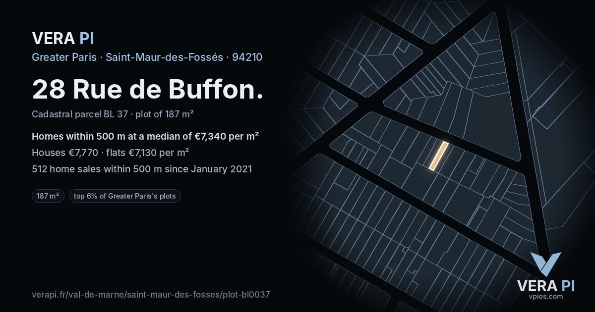 28 Rue de Buffon, Saint-Maur-des-Fossés at night – the plot lit, the parcels around coloured by the prices near them