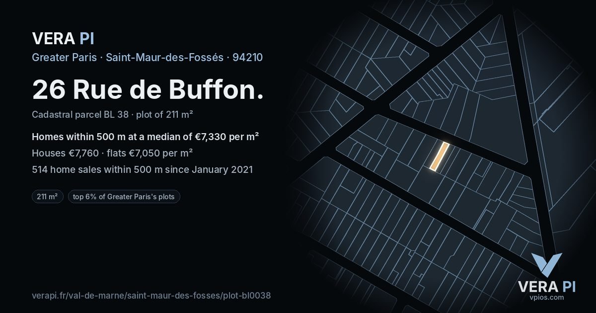 26 Rue de Buffon, Saint-Maur-des-Fossés at night – the plot lit, the parcels around coloured by the prices near them