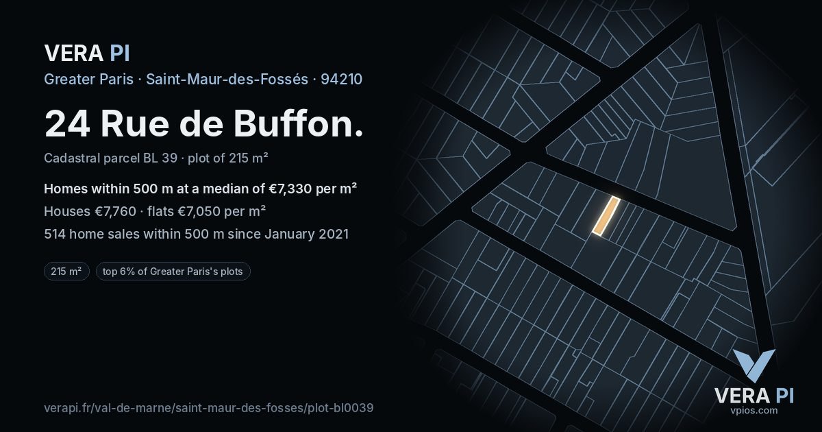 24 Rue de Buffon, Saint-Maur-des-Fossés at night – the plot lit, the parcels around coloured by the prices near them