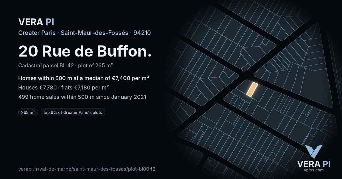 20 Rue de Buffon, Saint-Maur-des-Fossés at night – the plot lit, the parcels around coloured by the prices near them