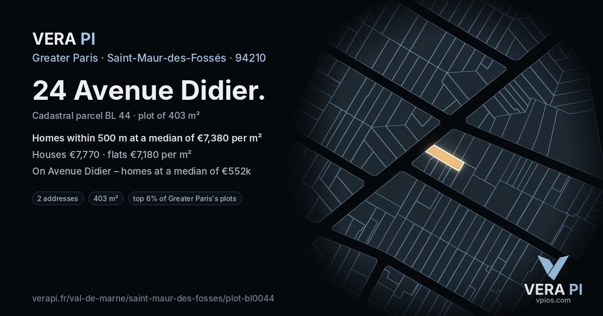 24 Avenue Didier, Saint-Maur-des-Fossés at night – the plot lit, the parcels around coloured by the prices near them