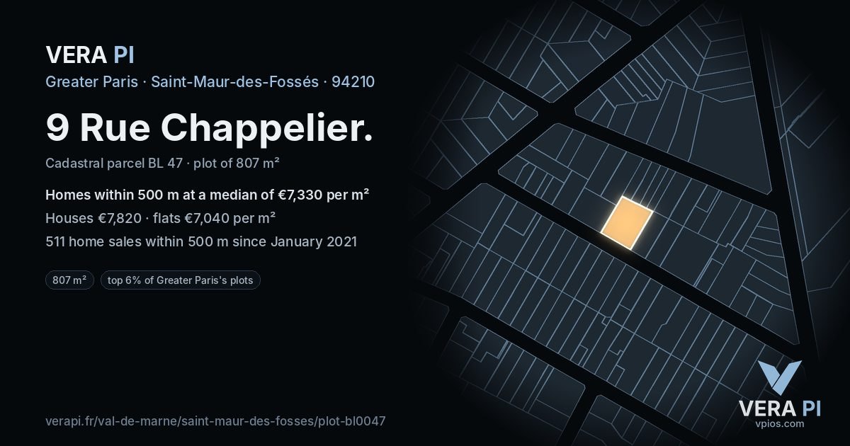 9 Rue Chappelier, Saint-Maur-des-Fossés at night – the plot lit, the parcels around coloured by the prices near them
